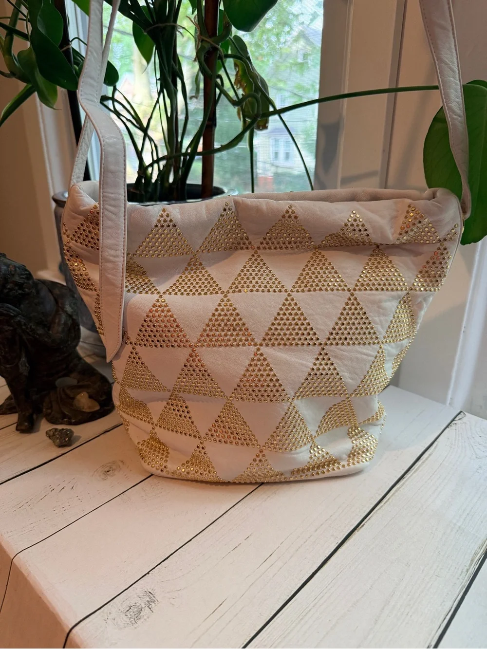 Sharif | Vintage White Crossbody with Gold Triangle Studs